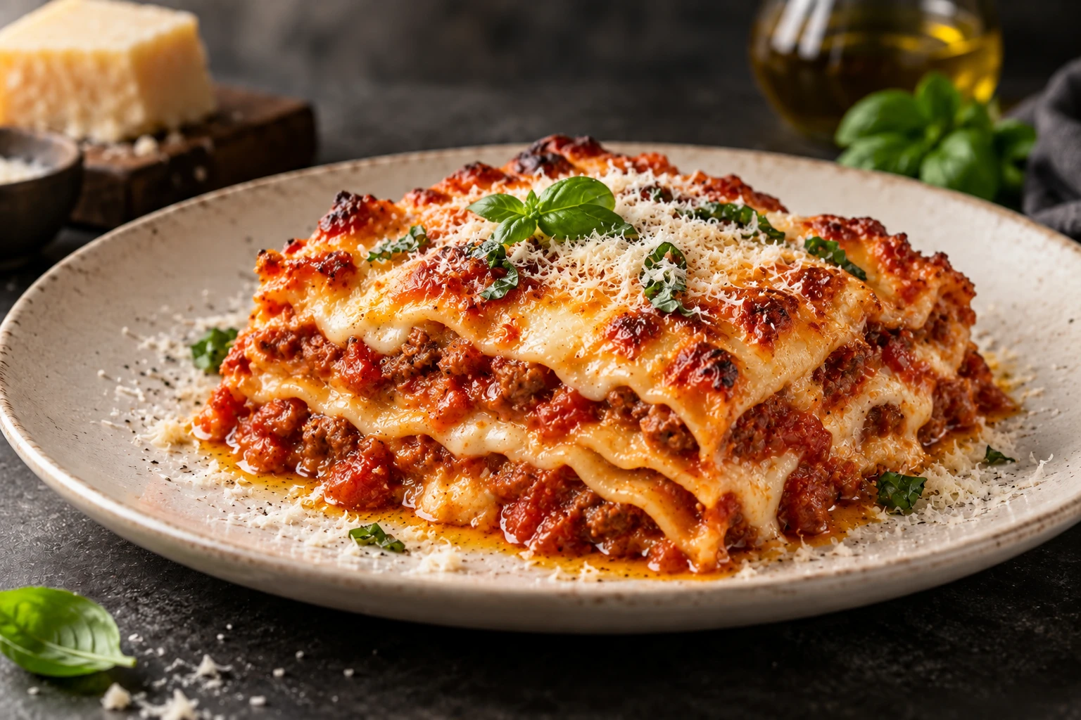 Überbackene Lasagne al Forno mit Basilikum und Parmesan
