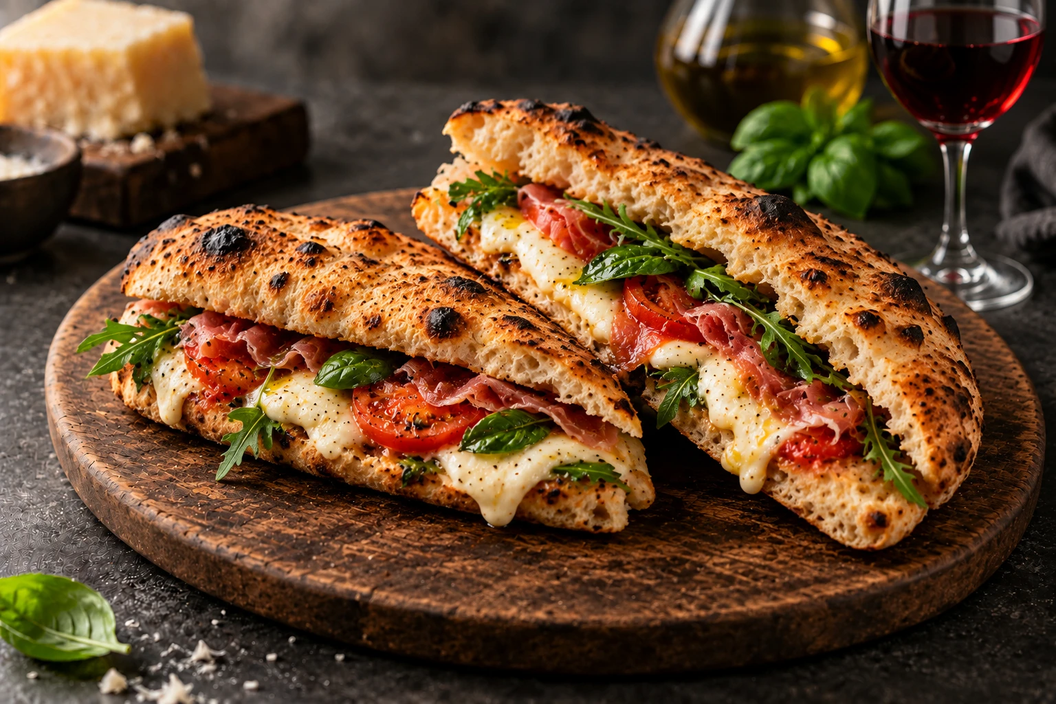 Aufgeschnittenes Panuozzo mit Mozzarella, Tomaten, Rucola und Schinken