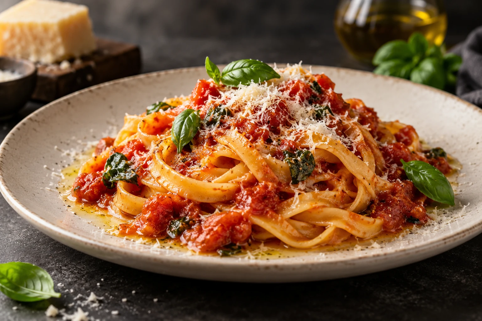 Tagliatelle mit Tomatensauce, Basilikum und Parmesan