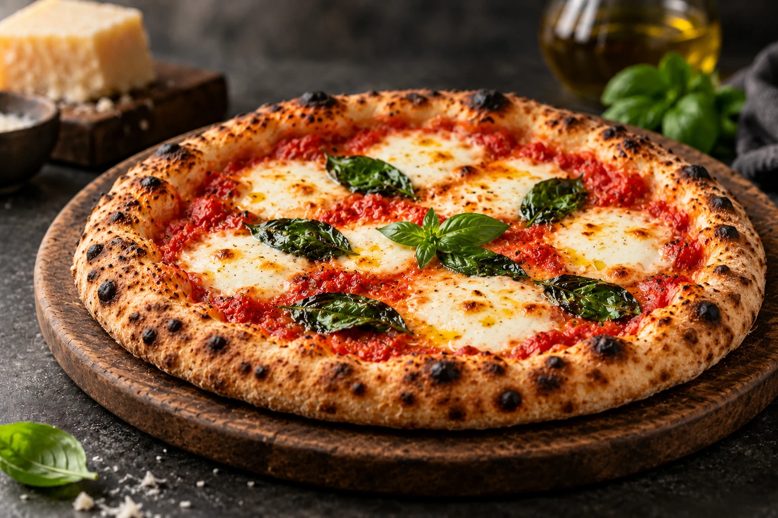 Pizza Mozzarella aus dem Steinofen mit Basilikum