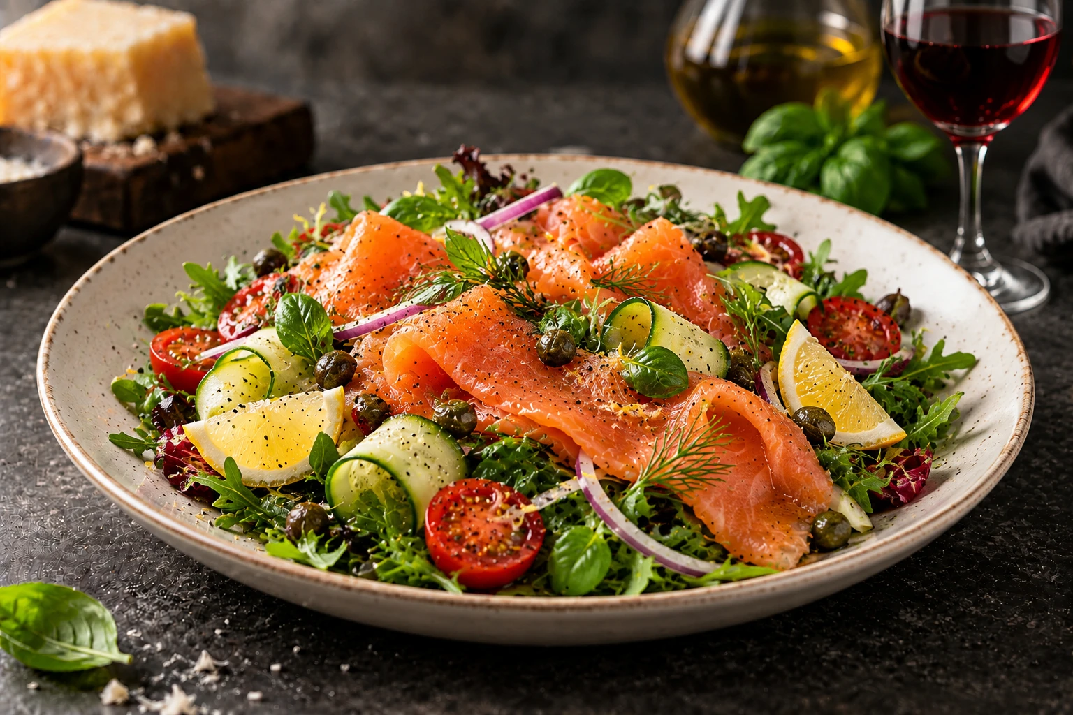 Gemischter Salat mit geräuchertem Lachs, Gurke und Kapern